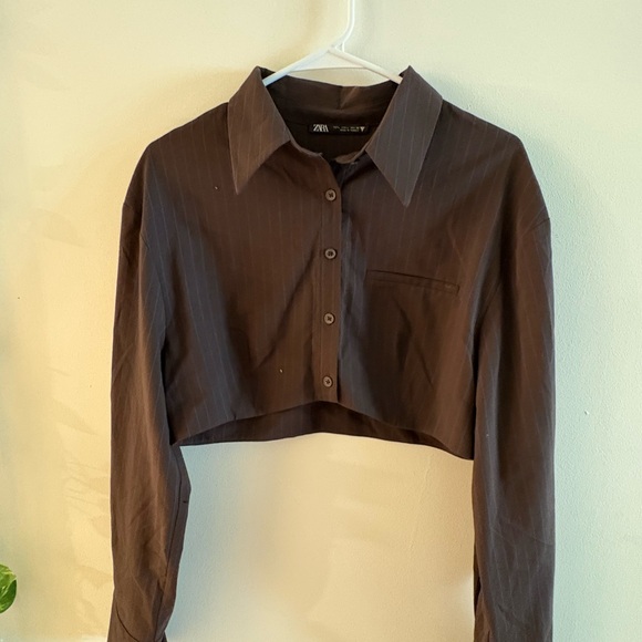 Zara Tops - Zara Dark Brown Button Down Cropped Shirt